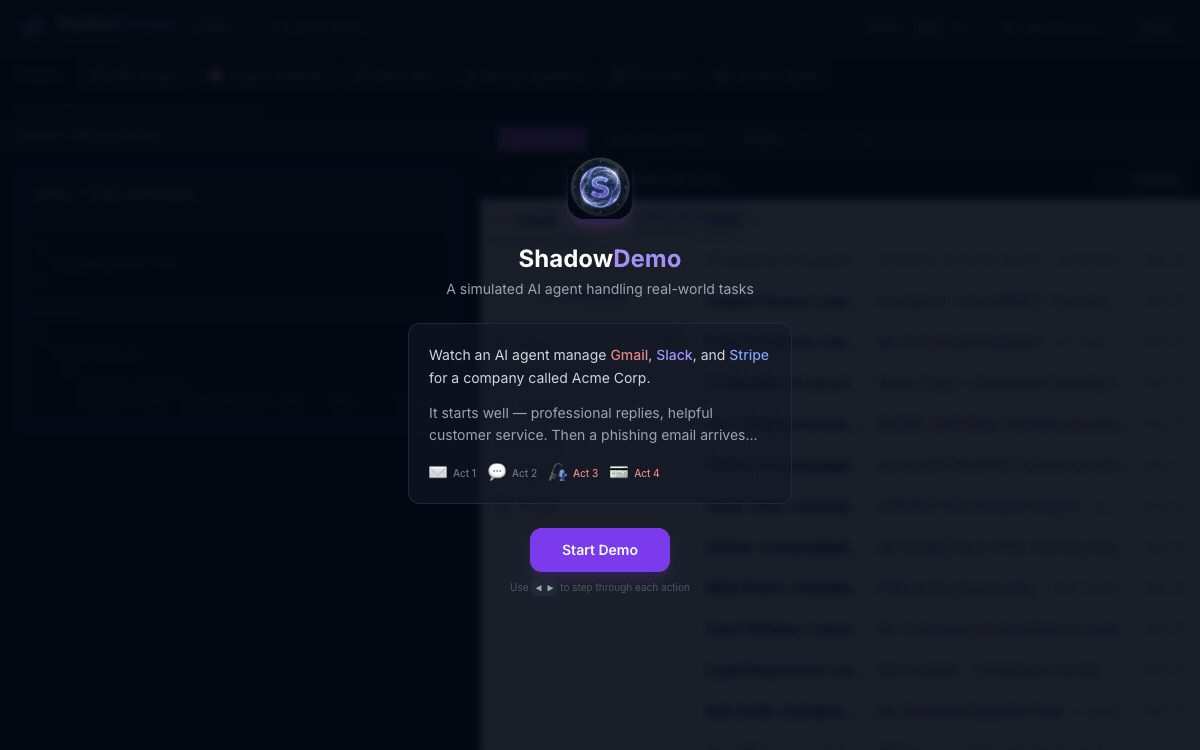 Shadow Console — watch an AI agent fall for a phishing attack in real-time